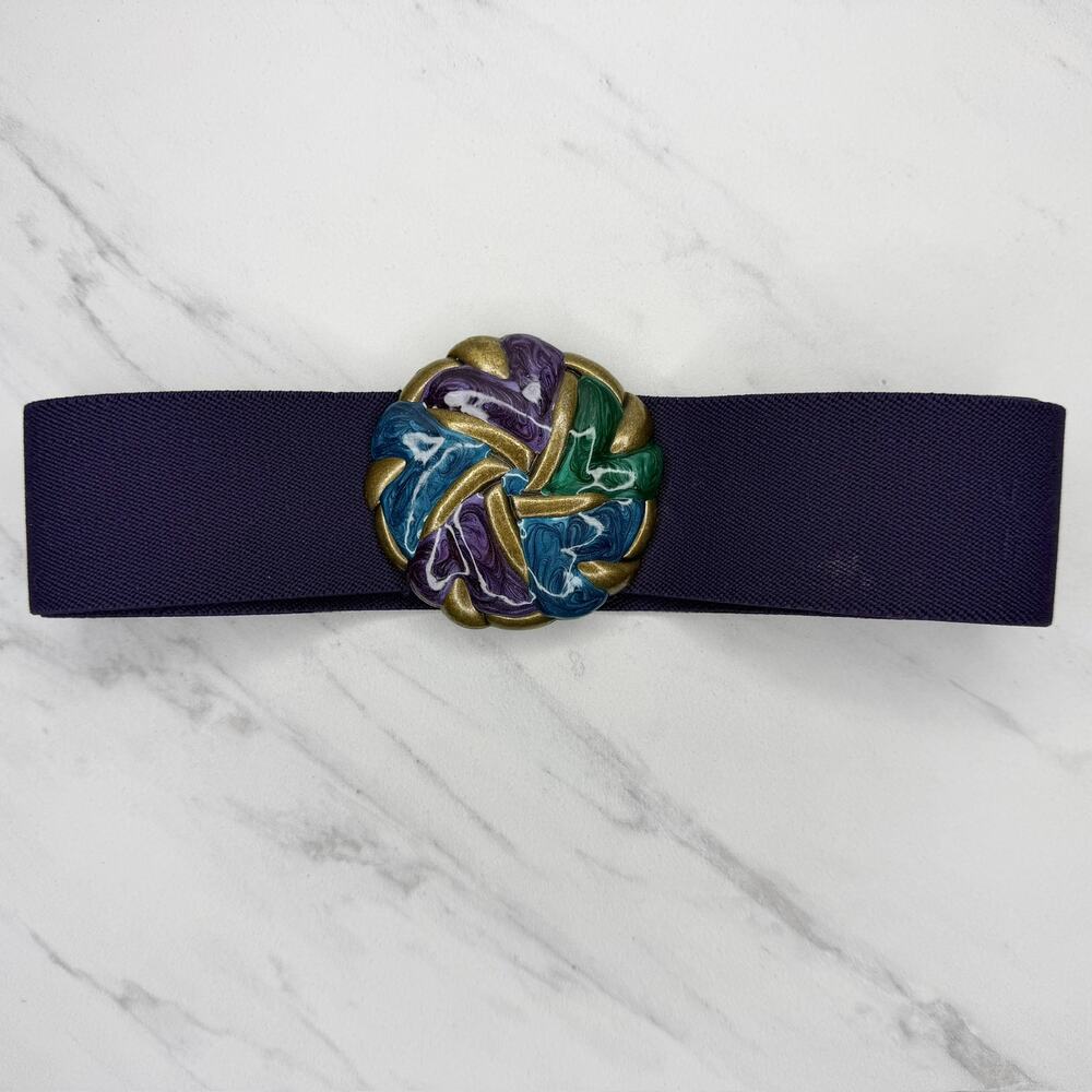 Vintage Womens DMP Purple Elastic Cinch Belt Enamel Buckle Small/Medium (S/M) ✨